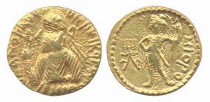 Kushanas, Huvishka, Gold Dinar, 7.86g. Obv: Bust of king facing left. Rev: Solar deity Mii
