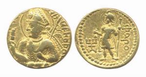Kushanas, Huvishka, Gold Dinar, 7.79g. Obv: Bust of king facing left. Rev: Pharro standing