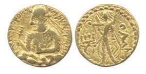 Kushanas, Huvishka, Gold Dinar, 7.80g. Obv: Bust of king facing left. Rev: Siva standing. 