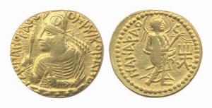 Kushanas, Huvishka, Gold Dinar, 7.95g, Obv: Bust of king facing left. Rev: NANAPAO (Parvat