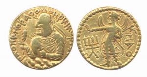 Kushans, Huvishka, Gold Dinar,7.62g, Obv: Bust of king facing left. Rev: Mao (Moon goddess