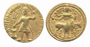 Kushans, Vasudeva I, Gold Dinar, 7.94g, Obv: King standing facing left. Rev: three headed 