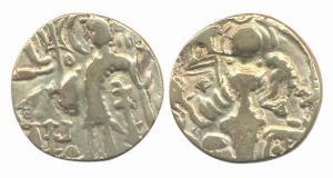 Kidara Kushanas, Base Gold Dinar, 7.76 g, Obv: Kidara written below arm of the king. Rev: 