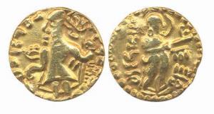 Vira Jadamarah, (3rd -4th centuries AD). Gold Dinar, 6.54g. Obv: King standing facing left