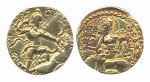Guptas, Chandragupta II, Gold Dinar, Class II: Lion-trampler type. Obv: King with his left