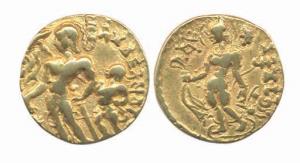 Guptas, Chandragupta II, Gold, Dinar, 7.67g, Chhatra type, Obv: King standing to left with