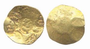 Chalukyas, Gold, Punch-marked, 3.76g, various shallow punches on obv, uniface. Fine, Scarc