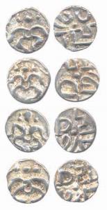 Kalachuris of Ratanpur, Ratnadeva II or III, Silver Mashakas (4), obv Hanuman (3/8), Rev: 