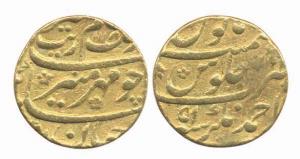 Aurangzeb, Gold Mohur ,10.36g, Ahamadnagar Mint, AH 1118 /51. Fine+.