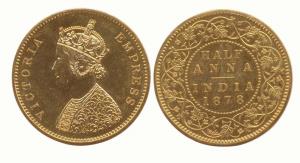 Victoria Empress, ½ Anna, 19.50g, 1878, Off Metal Strike in Gold, Mule, Obv: Pr 581/ Rev: 
