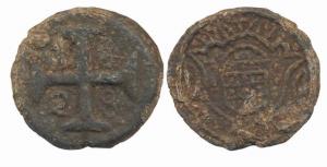 Diu, 10 Bazarucos, Lead, 18.28g, 1728 AD, crowned arms divide DO, numerals of dates in ang