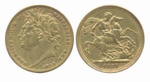 Great Britain, George IV, 1820-1830, Sovereign, 1821. Laureate head to left. Rev: St. Geor