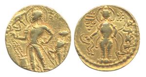 Guptas, Chandragupta II, Gold, 7.81 g, Dinar, Chhatra type, an attendant holding a chhatra