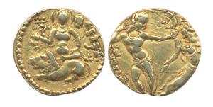 Guptas, Chandragupta II, Gold, 7.74 g, Dinar, Lion-Slayer type, a muscular bodied king, sl