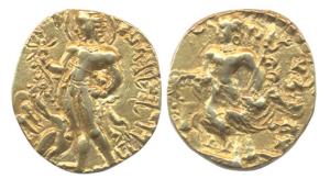 Guptas, Kumaragupta I, Gold, 8.11 g, Dinar, Peacock type, king standing left feeding a pea
