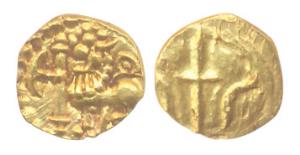 Kadamabs of Goa, Gold, Fanam, a lion seated left, facing an Ankush on obv, a trident on re