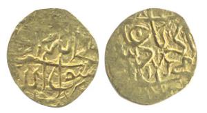 Akbar, Gold, 1/10 Mohur, Kalima type, mint and date off flan. About Fine+, Scarce.