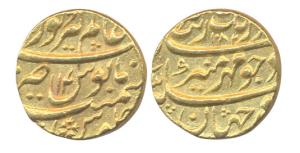 Aurangzeb, Gold, Mohur, Alamgirpur Mint, AH 1082/14, mint name at top on rev (KM 315.7). A