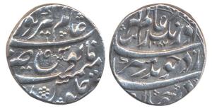 Aurangzeb, Silver, Rupee, Alamgirpur Mint, AH 1087/19, mint name at top on rev. Very Fine+