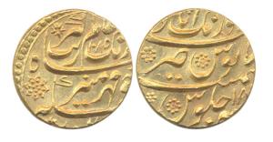 Aurangzeb, Gold, Mohur, Aurangabad Mint, AH 1085/18, mint name at top on rev (KM 315.10). 