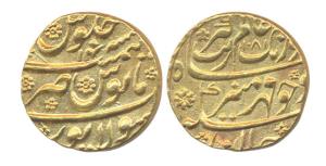 Aurangzeb, Gold, Mohur, Solapur Mint, AH 1081/14, nearly complete mint name on rev (KM 315