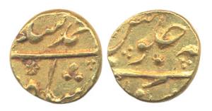 Muhammad Shah, Gold, 3.84 g, 1/3 Mohur, Khujista Bunyad Mint. About Very Fine, Very Rare.