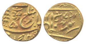 Umaid Singh, Gold, Mohur, with the name of George V, OM in Nagari on obv (KM 129). Extreme