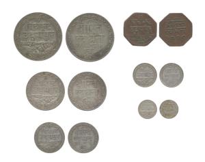 Dosti Londhon Issues, Silver (5), Copper (1), Set of 5: Rupee, 1/2, 1/4, 1/8 and 1/16 Rupe