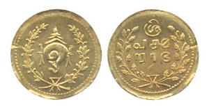 Gold, 1.3 g, ¼ Pagoda, Tulabharam Issues, Tamil legend in three lines on obv; Shankha (con