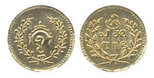 Gold, 0.6 g, ¼ Pagoda, Tulabharam Issues, Tamil legend in three lines on obv; Shankha (con