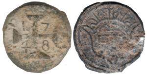 Diu, John V, Tin, 31.74 g, 40 Bazarucos, 1748, numerals of date in the angles of Cross on 