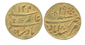 Murshidabad Mint, Gold, ¼ Mohur, in the name of Shah Alam II, AH 1204/19, Calcutta Mint. V