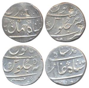 Munbai Mint, Silver (2), Rupee, in the name of Shah Jahan II and Muhammad Shah. Test marks