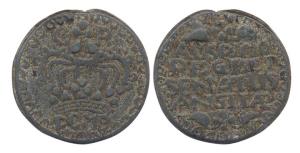 Double Pice, Tin, 28.80 g, BOMB written below a large Crown on obv; legend AUSPCIO / REGIS