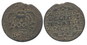 Pice, Tin, 12.14 g, BOMB written below a large Crown on obv; legend AUSPCIO / REGIS ET / S