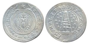 Silver, ½ Pagoda, 2nd issue, AD 1808, 9 stars on either side of Gopuram on obv, Vishnu sta