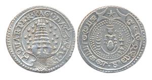 Silver, ¼ Pagoda, Standing Vishnu type with 9 Stars on either side of the Gopuram and buck