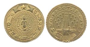 Double Pagoda, Gold, 5.92 g, 1808-1815 issues, 9 stars on either side of Gopuram on obv, V