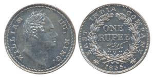 William IV, Silver, Mule Pattern Rupee, 1835. The obverse of the Pattern Rupee, with the l