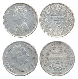 Silver (2), ½ Rupee, William IV and Victoria Empress, 1835, 1896. First About Very Fine, t