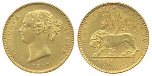 Victoria Queen, Gold, Mohur, 1841, Divided Legend type, with incused WW initials. About Ex