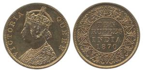 Victoria Queen, Gold, Proof 10 Rupees, 1870. (Prid 29). Proof-Restrike, Very Rare.