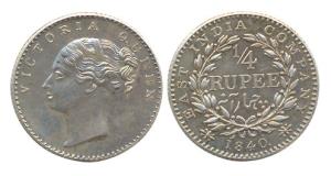 Victoria Queen, Silver, ¼ Rupee, Continuous Legend, 1840. Proof, Very Rare.