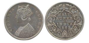 Victoria Queen, Silver, ½ Rupee, 1862. Proof, Very Rare.