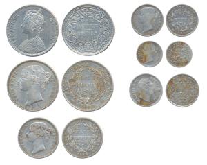 Set of Victoria Queen, Silver (4), Rupee, 1/2, ¼ Rupee and 2 Annas, Divided Legend type, 1