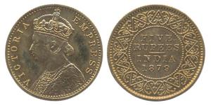 Victoria Empress, Gold, Proof 5 Rupees, 1879. Mule. (Prid 45). Proof-Restrike, Very Rare.