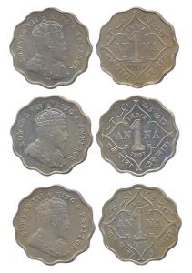Edward VII, Nickel, 1 Anna, 1907, 1908 and 1910. Extremely Fine. (3)