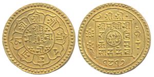 Nepal, Gold, 23.14 g, Double Mohur, Prithivi Vir Vikram Deva, VS 1917. About Extremely Fin