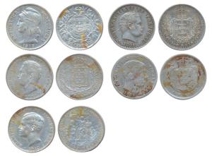 Portugal, Silver (5), 500 Reis (4), and 50 Centavos. All different dates. Very Fine+. (5)