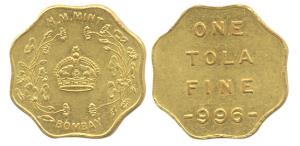 Mint Token, Gold, 11.70 g, 1 Tola Token of Bombay Mint, Pre-1947 issue, 996 Fine. Extremel